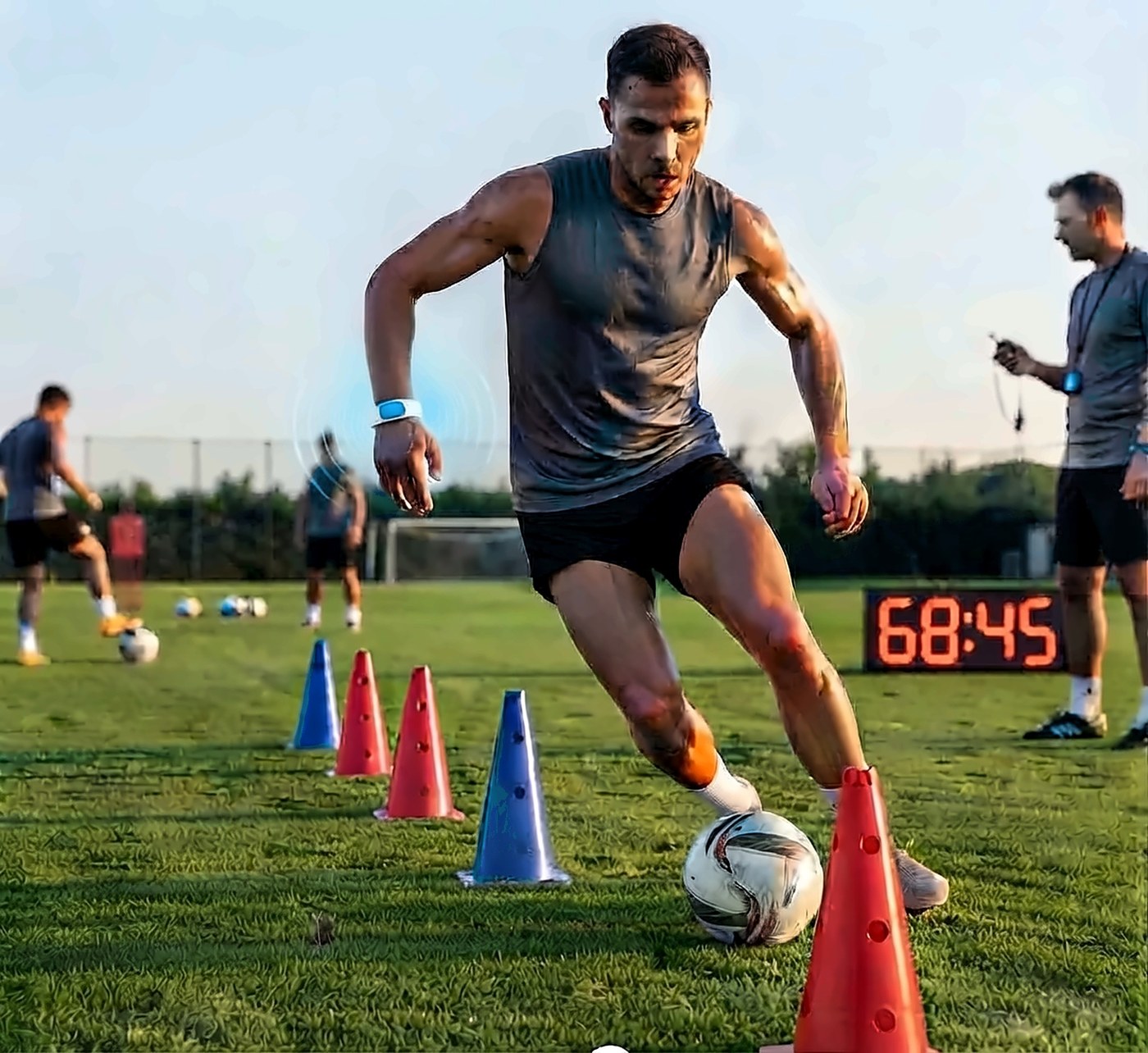 Footballer dribbling through cones at training, the Kueband buzzing on his wrist