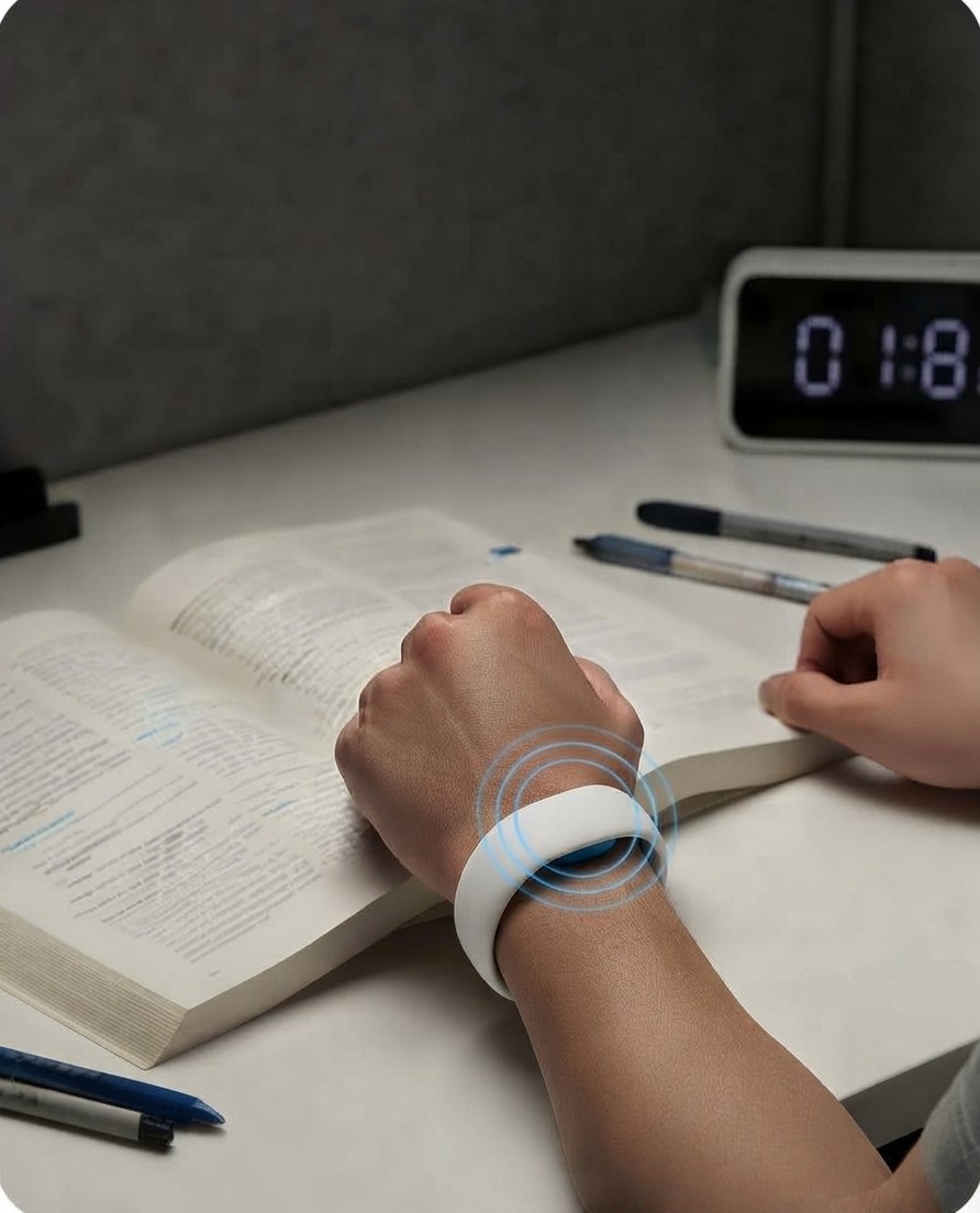 Student wearing a black Kueband while studying at a desk